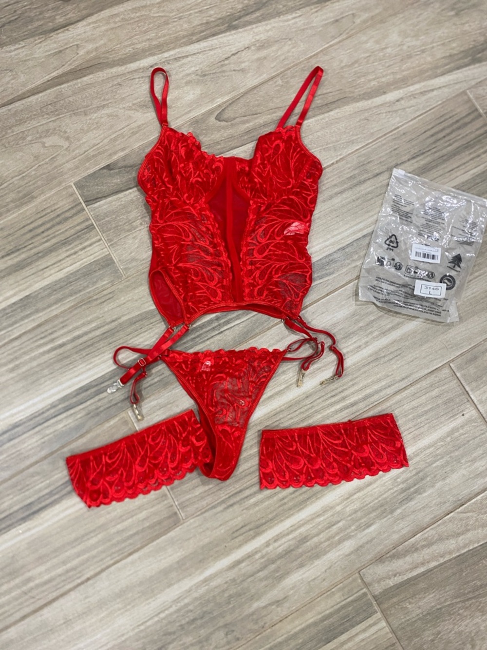 Red Lace Bustier Set with Garter and Thong